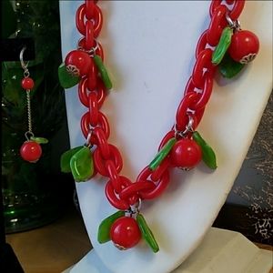 VINTAGE Chunky Cherries on Red Lucite Link Chain Necklace & Earrings Demi Parure
